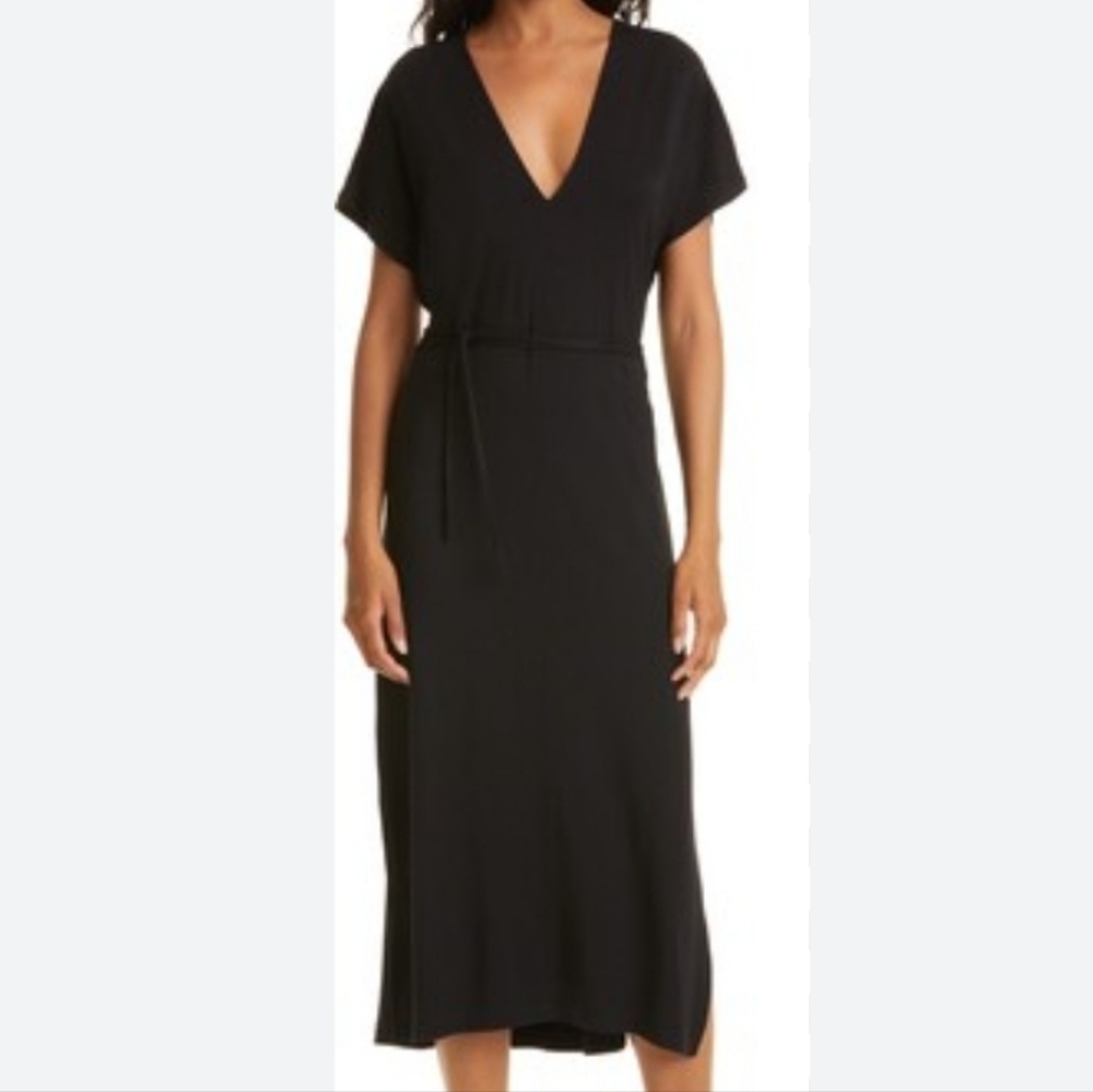 Vince Double V-Neck Cap‎ Sleeve Knit Midi Dress Stretchy Black Size XS New